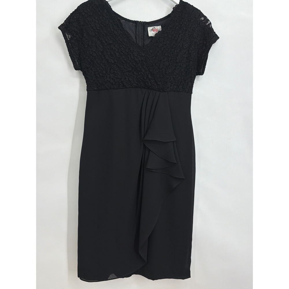 Lanz Originals Vintage Black Lace Ruffle Sheath Dress V-Neck Cap Sleeve Made USA